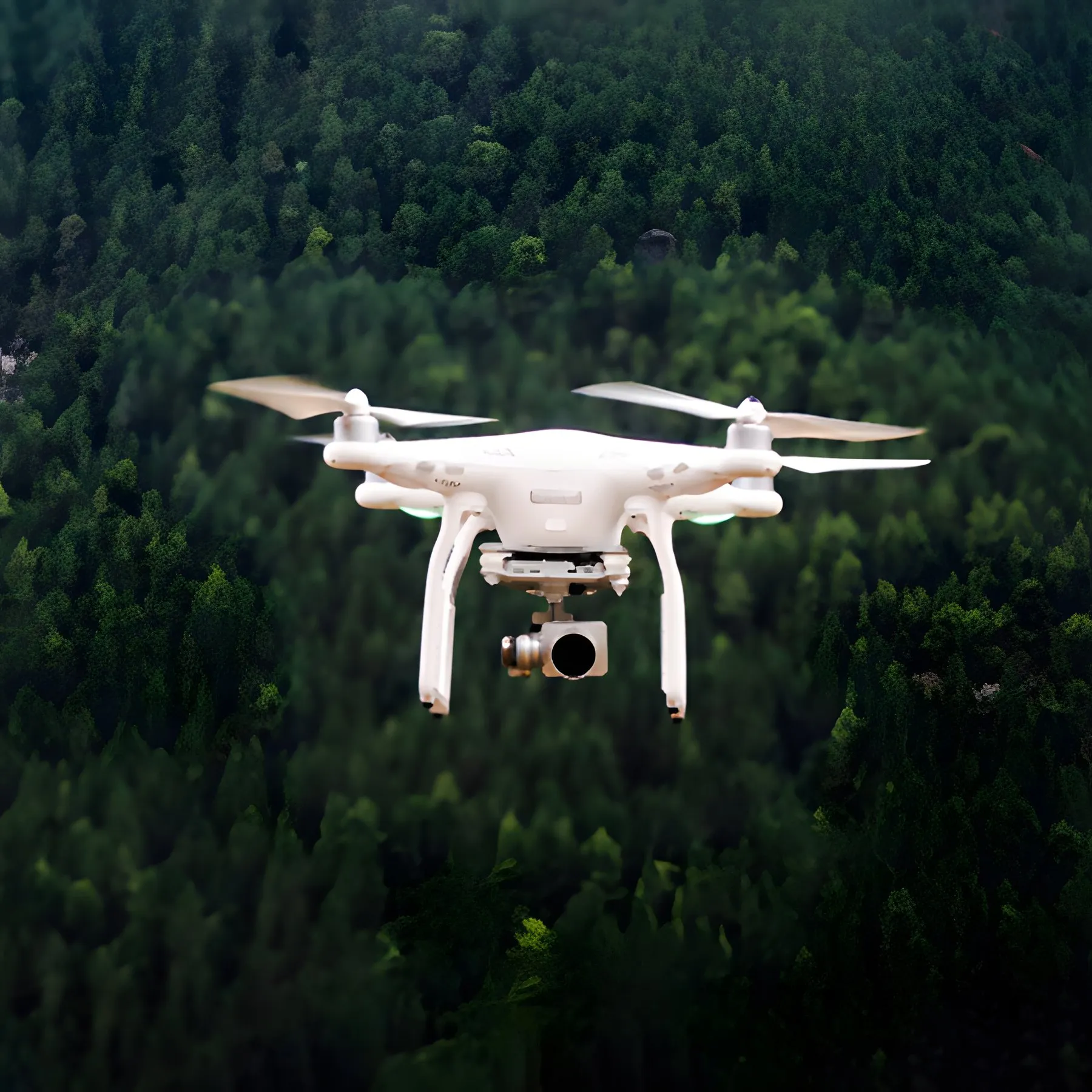 The aircraft, mid-flight over forest canopy