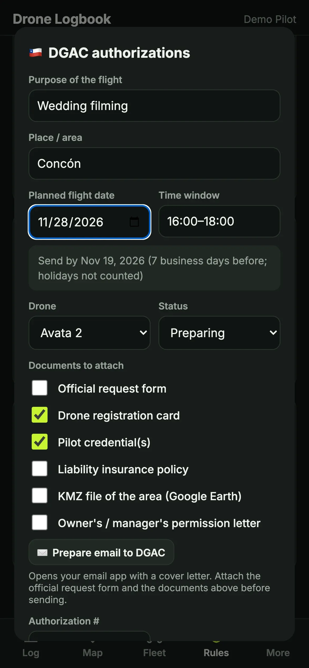 DGAC authorization request form with the send-by date and the list of documents to attach