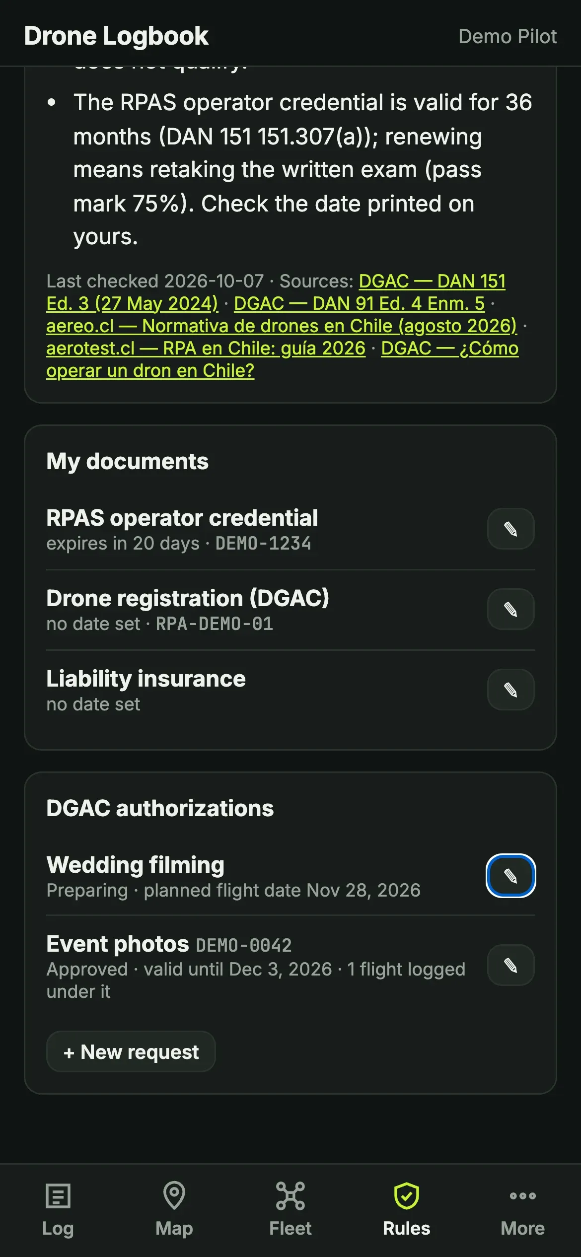 Summary of DGAC rules, documents with expiry dates and authorizations