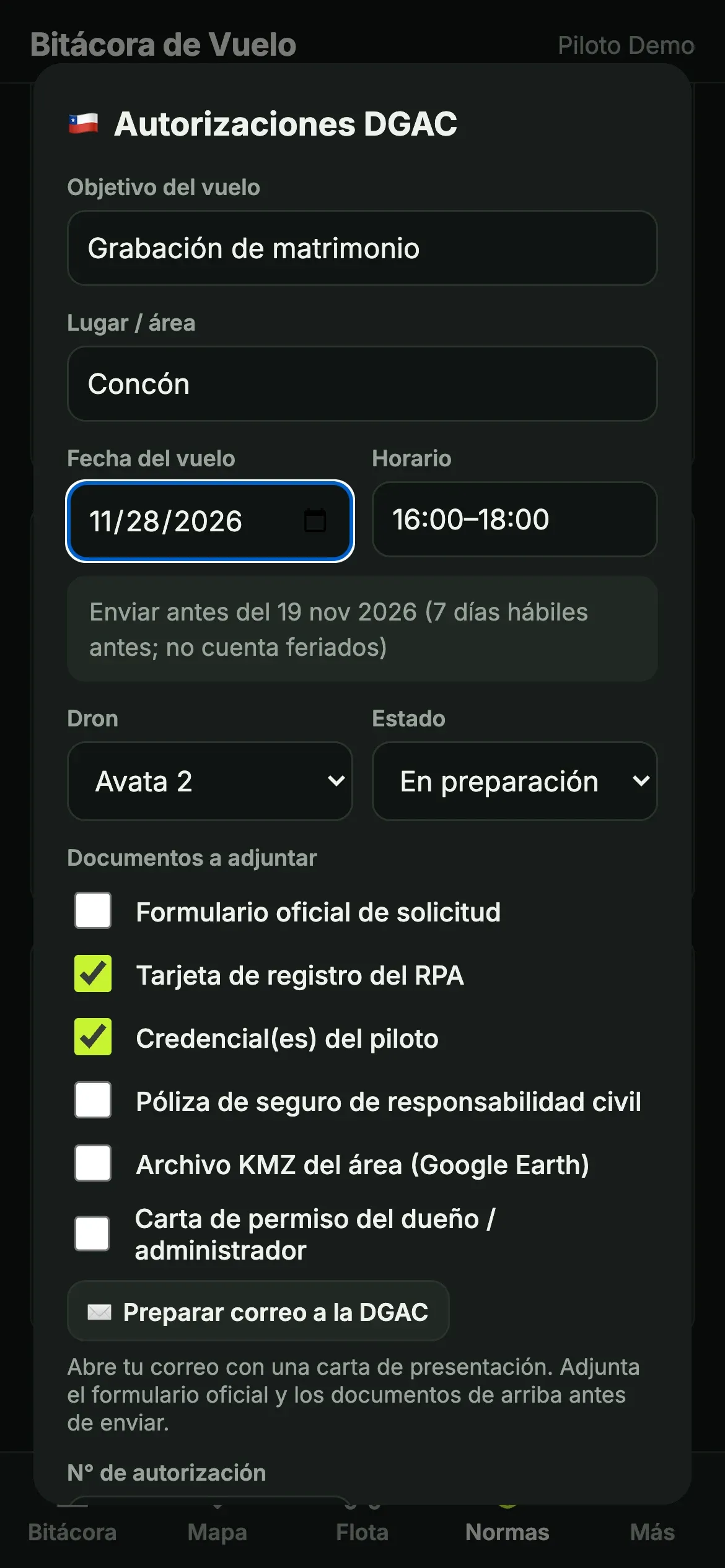 Formulario de solicitud de autorización DGAC con la fecha límite de envío y la lista de documentos a adjuntar