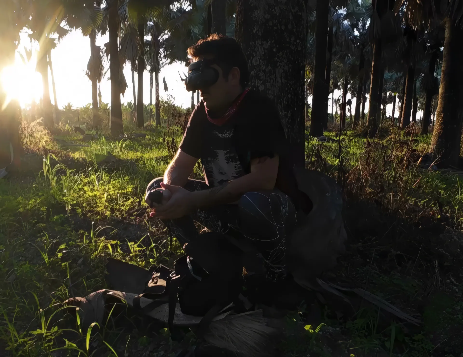 Manny, FPV goggles on, mid-flight at golden hour